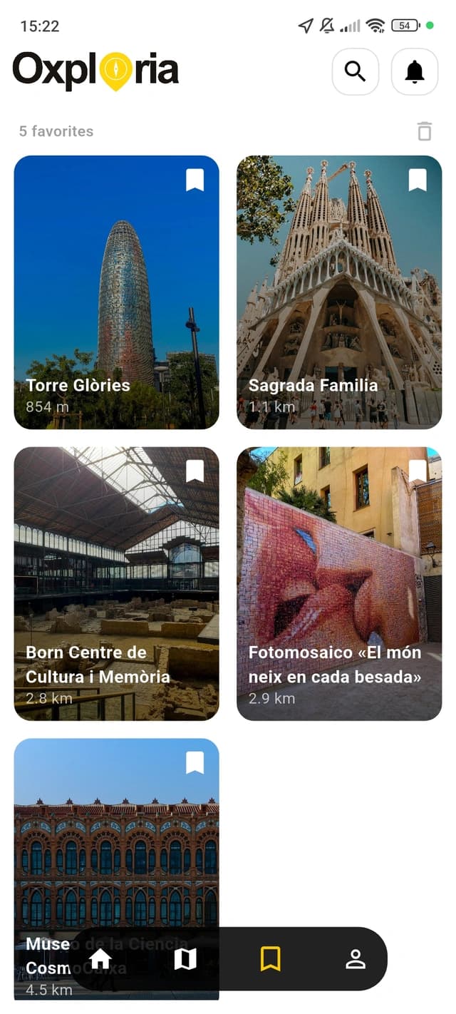 Saved places screen in the Oxploria application