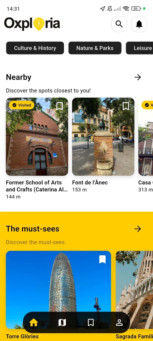 Oxploria home screen showing nearby places